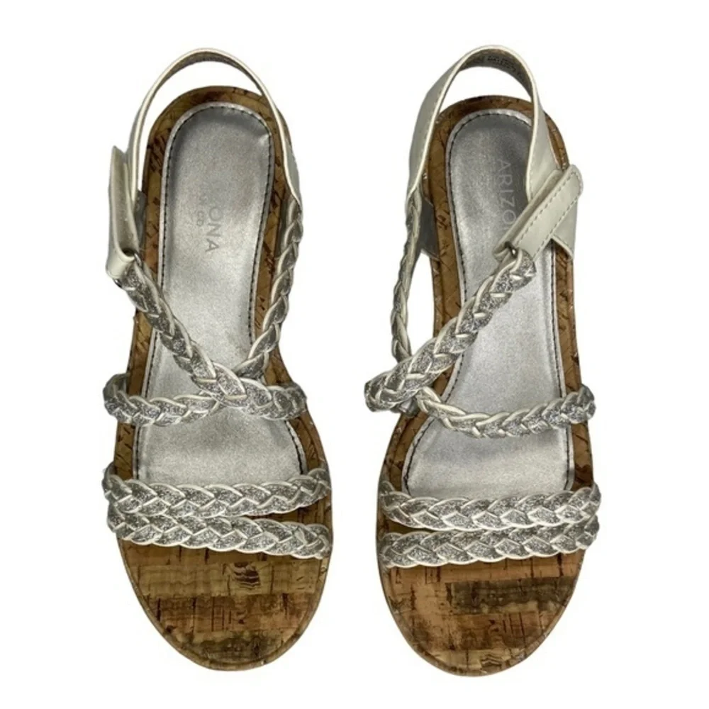 Arizona Jean Co Jersey Sandals White and Silver Braided Straps Wedge Cork Size 2